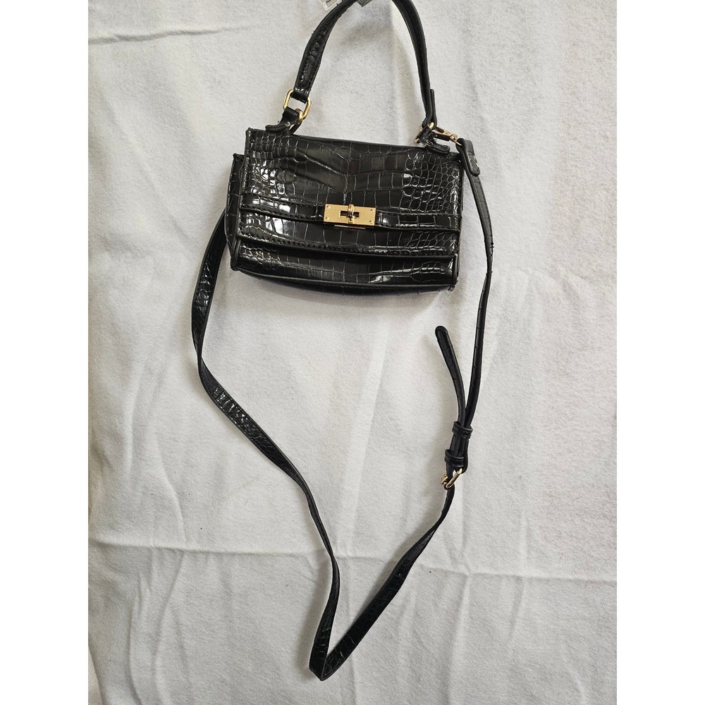 Emperia Black Croc Embossed Crossbody Bag Gold Hardware Top Handle Handbag